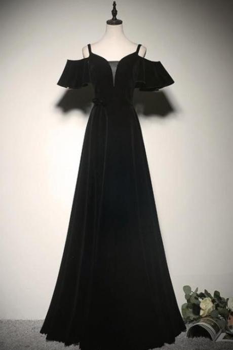 Black Off Shoulder Velvet Long A-Line Prom Dress, Black Floor Length Party Dress Evening Dress