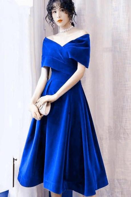 Lovely Royal Blue Velvet Tea Length Off Shoulder Party Dress, Blue Velvet Homecoming Dress