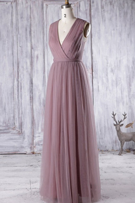 Tulle Plunge V Sleeveless Floor Length A-Line Formal Dress, Prom Dress, Bridesmaid Dress