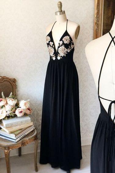 Floral Embroidered Black Chiffon Plunge V Tie Back Floor Length A-Line Formal Dress Featuring Criss-Cross Open Back, Prom Dress