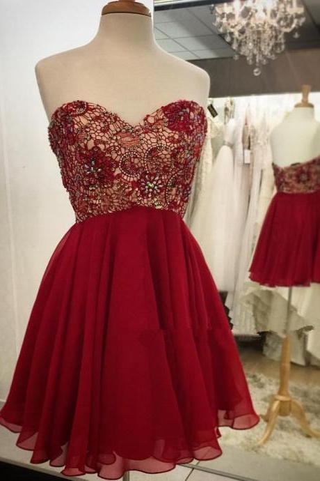 Burgundy Homecoming Dress,Chiffon Homecoming Dresses,Short Prom Dress,Strapless Evening Dress,Summer Lace Prom Dress,Simple Wine Red Homecoming Gowns,Burgundy Evening Gowns