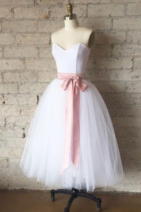 Simple White Tulle Tea Length Prom Dress, White Bridesmaid Dress