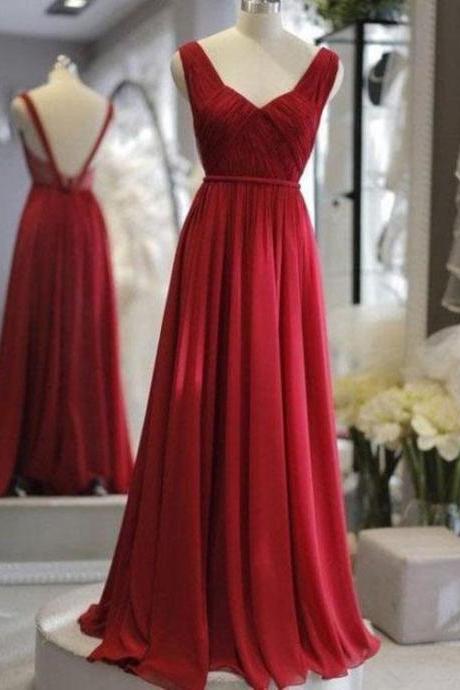 Wine Red Chiffon Long Floor Length Party Dress, A-Line Bridesmaid Dress Prom Dress