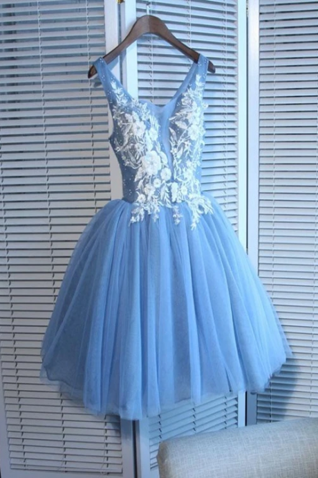 Cute Blue Tulle Short Knee Length Homecoming Dress, Blue Prom Dress