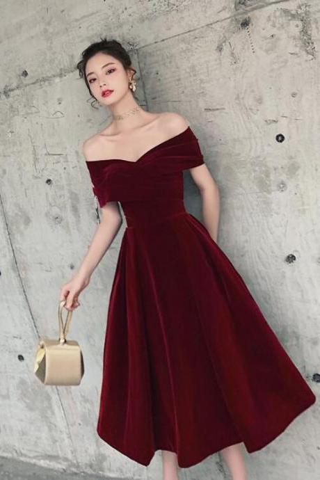 Wine Red Off Shoulder Chic Sweetheart Tea Length Party Dress,Velvet Evening Dress