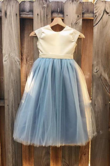 Dusty Blue Flower Girl Dress, Floor Length Dusty Blue Satin And Lace Flower Girl Dress, Baptism Dress, Formal Girl Dress, Dusty Blue Wedding