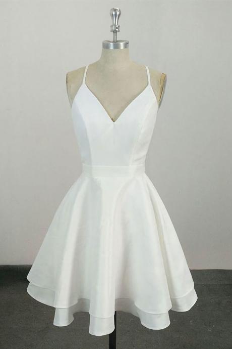 Cute Spaghetti Straps White V Neck Knee Length Short Prom Dress, Homecoming Dress