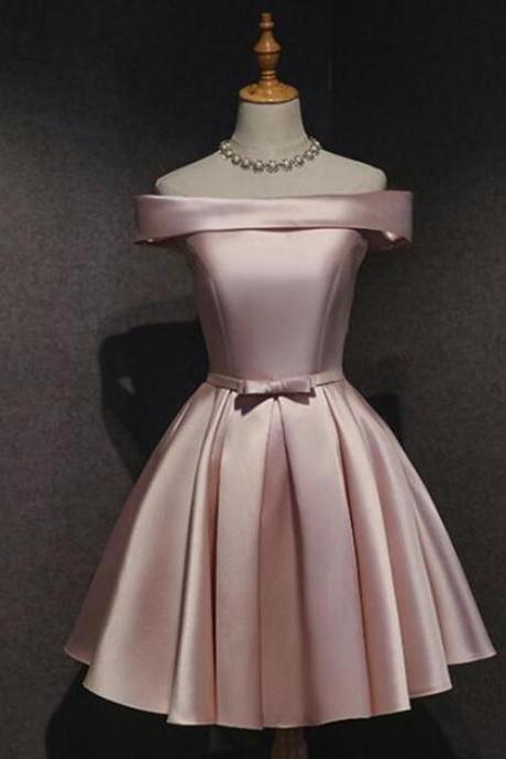 Cute Pink Satin Off Shoulder Knee Length Formal Dress, Lovely Prom Dress