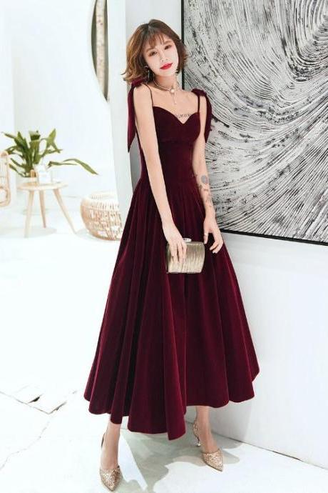 Dark Red Straps Velvet Elegant Tea Length Bridesmaid Dress, Burgundy Prom Dress Party Dress