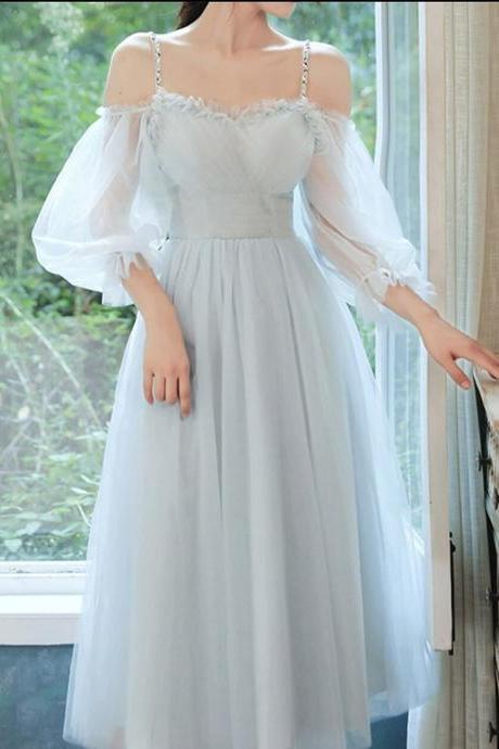 Light Blue Tea Length Party Dress With Puffy Sleeves, Charming Blue Formal Dresses