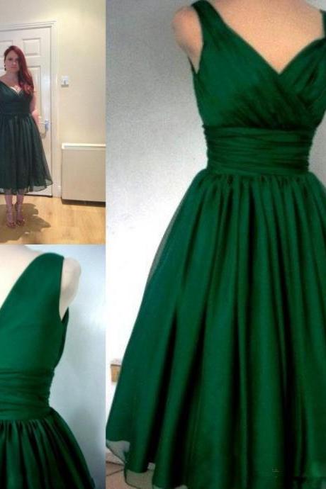 Elegant Emerald Green 1950S Vintage Tea Length Plus Size Chiffon V Neck Sleeveless Simple Overlay Prom Gowns