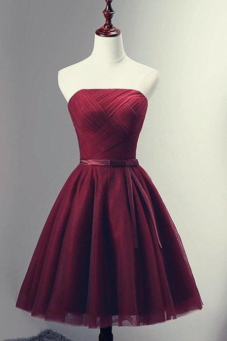 Beautiful Simple Wine Red Tulle Short Party Dress, Knee Length Prom Dress