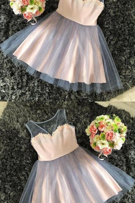 A-Line Round Neck Pink Tulle Homecoming Dress With Appliques