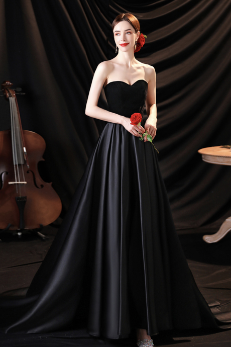Black Satin Long A Line Prom Dress Black Evening Dress